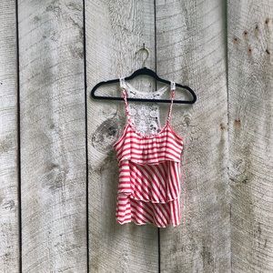 Mauve | coral striped top w/ ruffles and lace